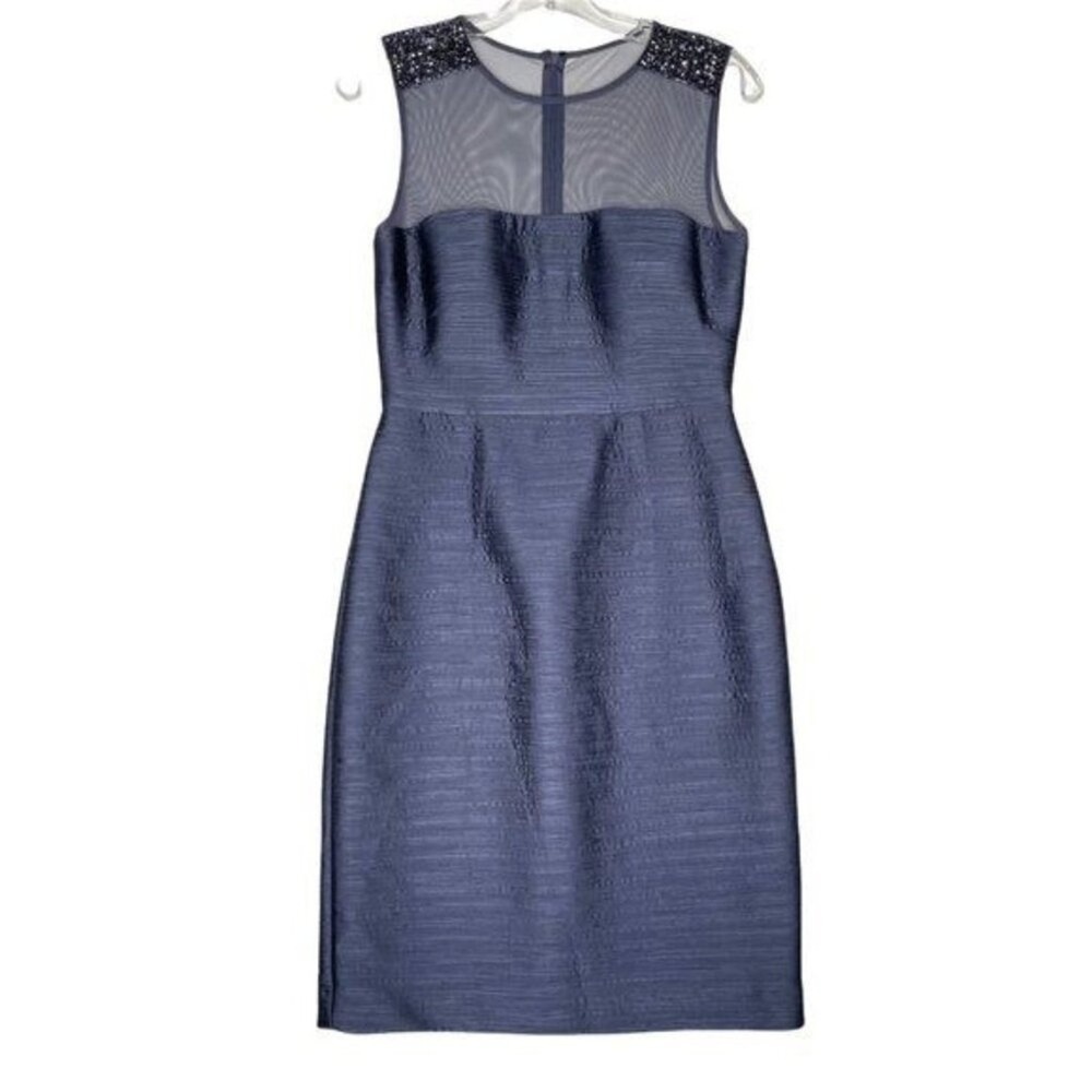 JS Boutique Slate Blue Sheath Dress Beaded Mesh Illusion Neckline Size 8
